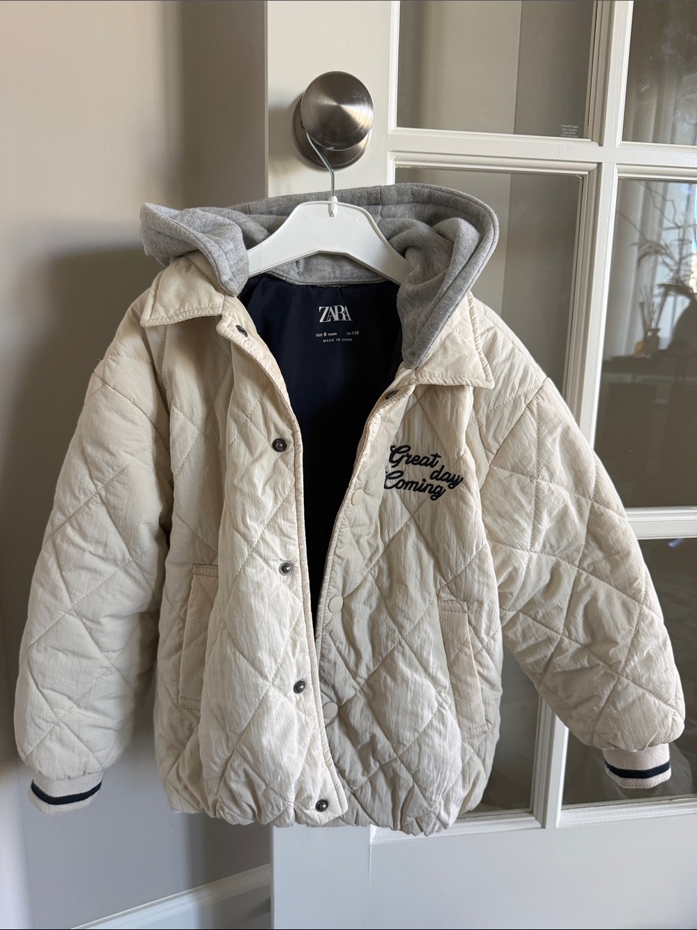 Zara Kids Cream Quilted Jacket with Gray Hood